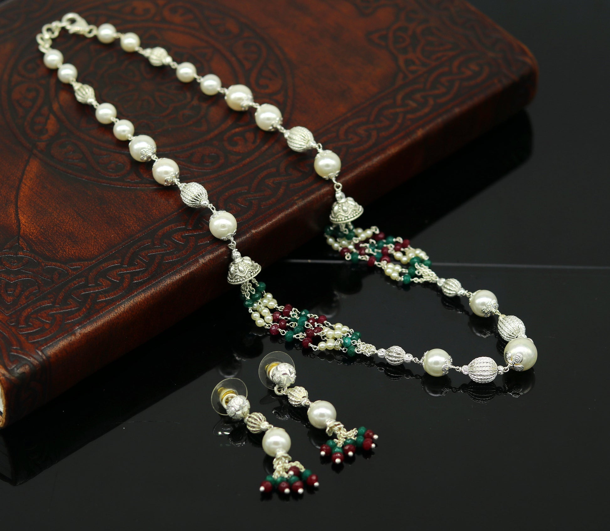 925 Sterling silver pearl beaded necklace with handcrafted charm, lightweight beaded jewelry set from TRIBAL ORNAMENTS.
