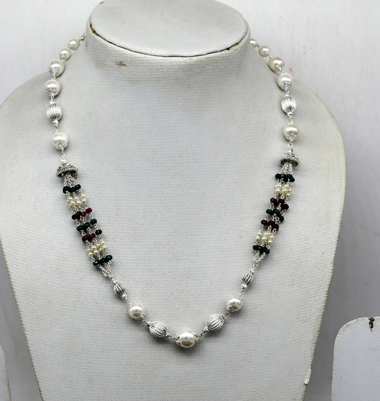 925 Sterling silver pearl beaded necklace with light weight charm, handcrafted beaded jewelry set by TRIBAL ORNAMENTS.