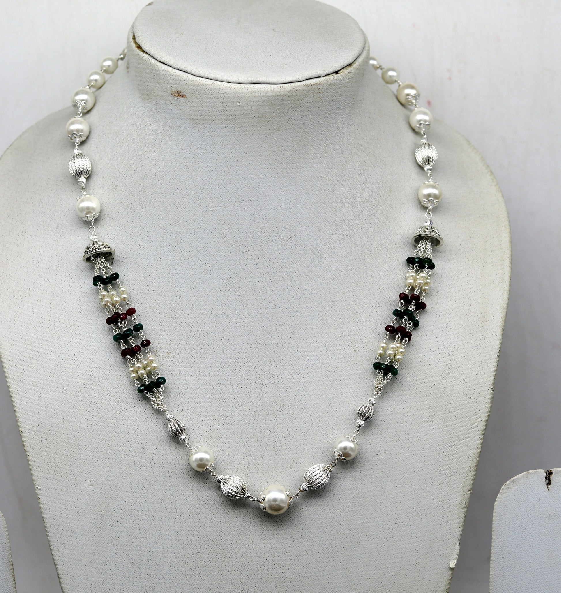 925 Sterling silver pearl beaded necklace with light weight charm, handcrafted beaded jewelry set by TRIBAL ORNAMENTS.