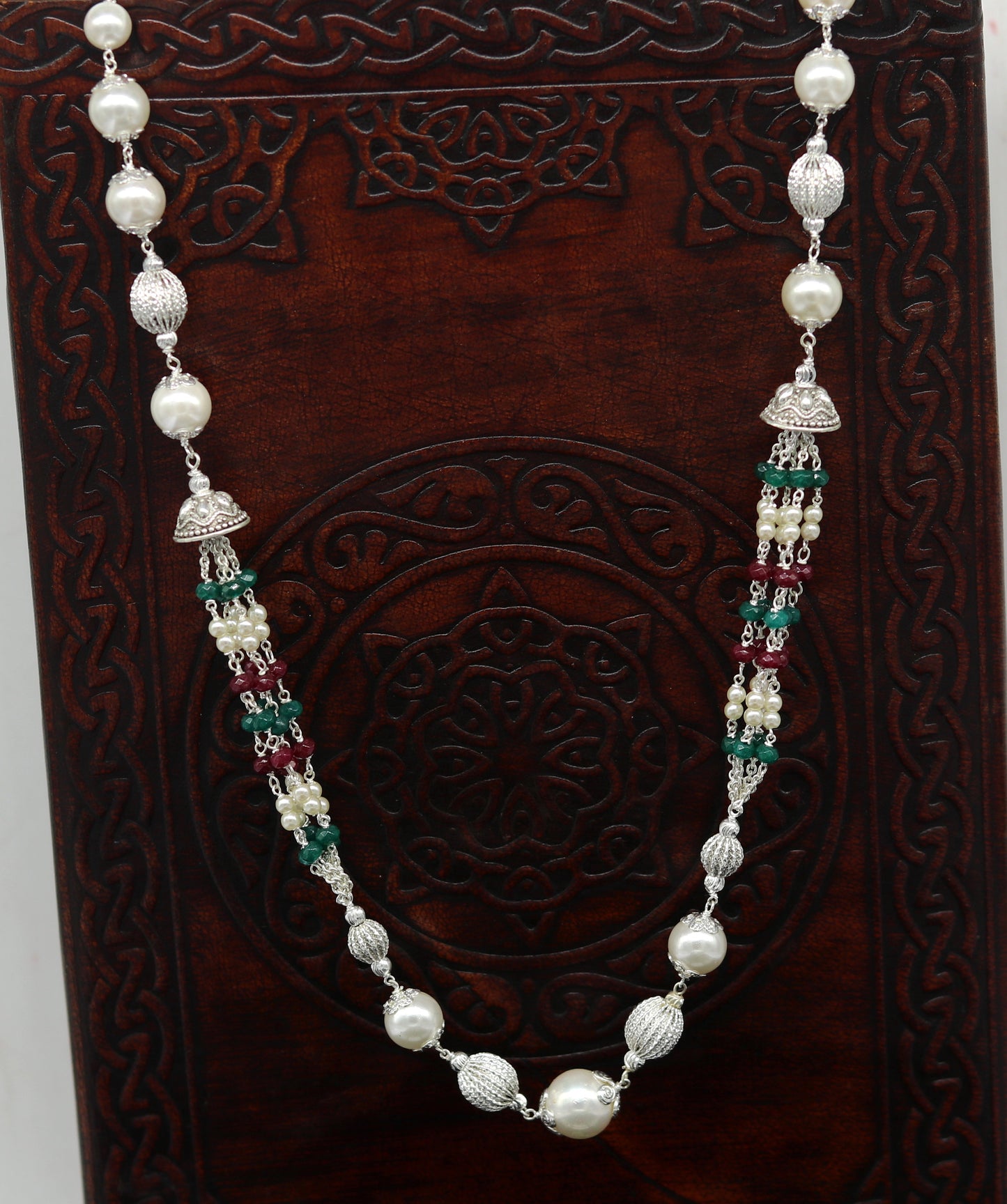 925 Sterling silver pearl beaded necklace with handcrafted charm, lightweight jewelry set by TRIBAL ORNAMENTS.