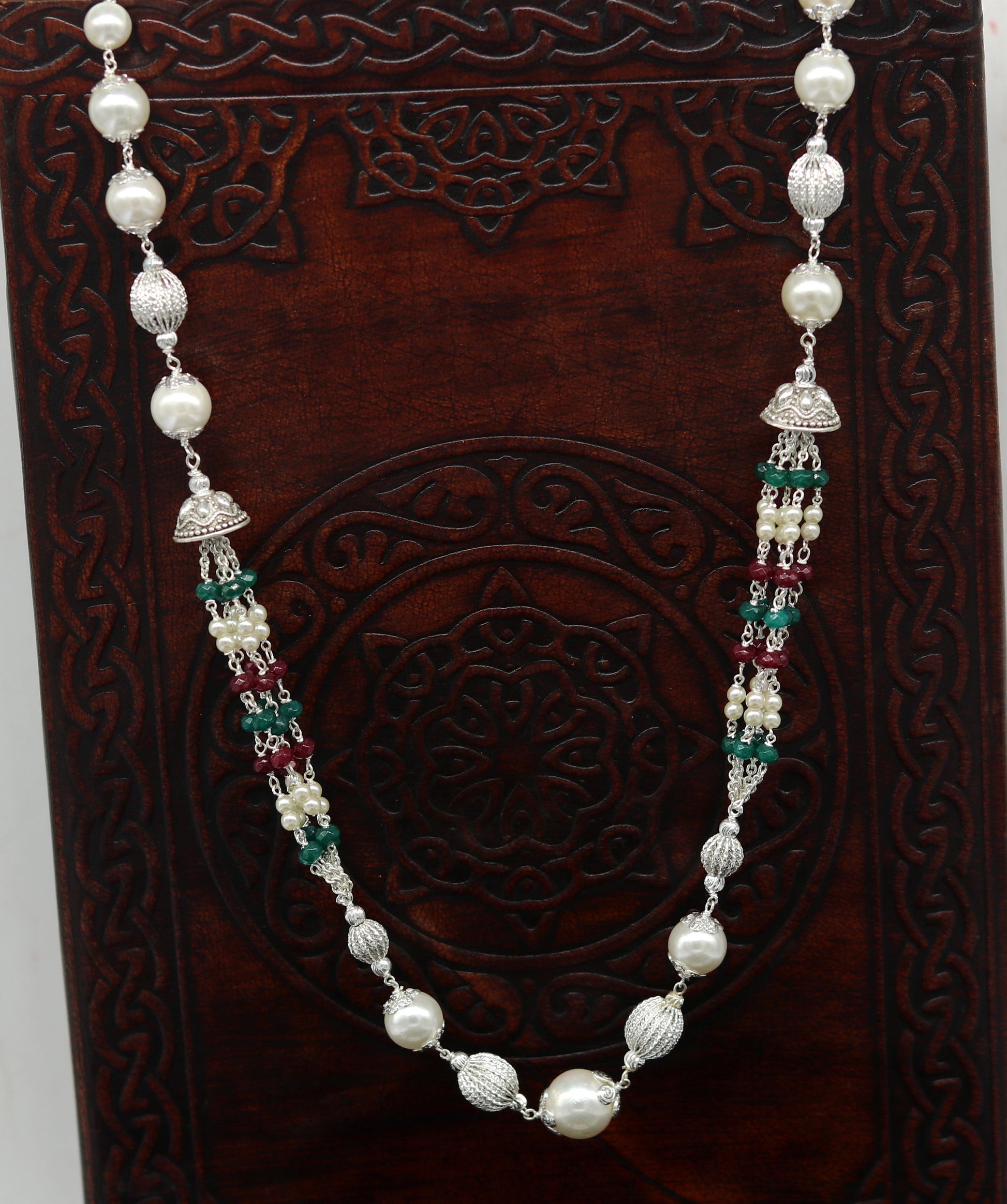 925 Sterling silver pearl beaded necklace with handcrafted charm, lightweight jewelry set by TRIBAL ORNAMENTS.