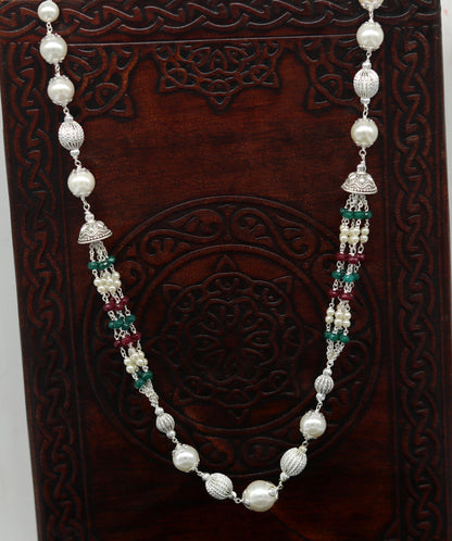 925 Sterling silver pearl beaded necklace with handcrafted charm, lightweight jewelry set by TRIBAL ORNAMENTS.