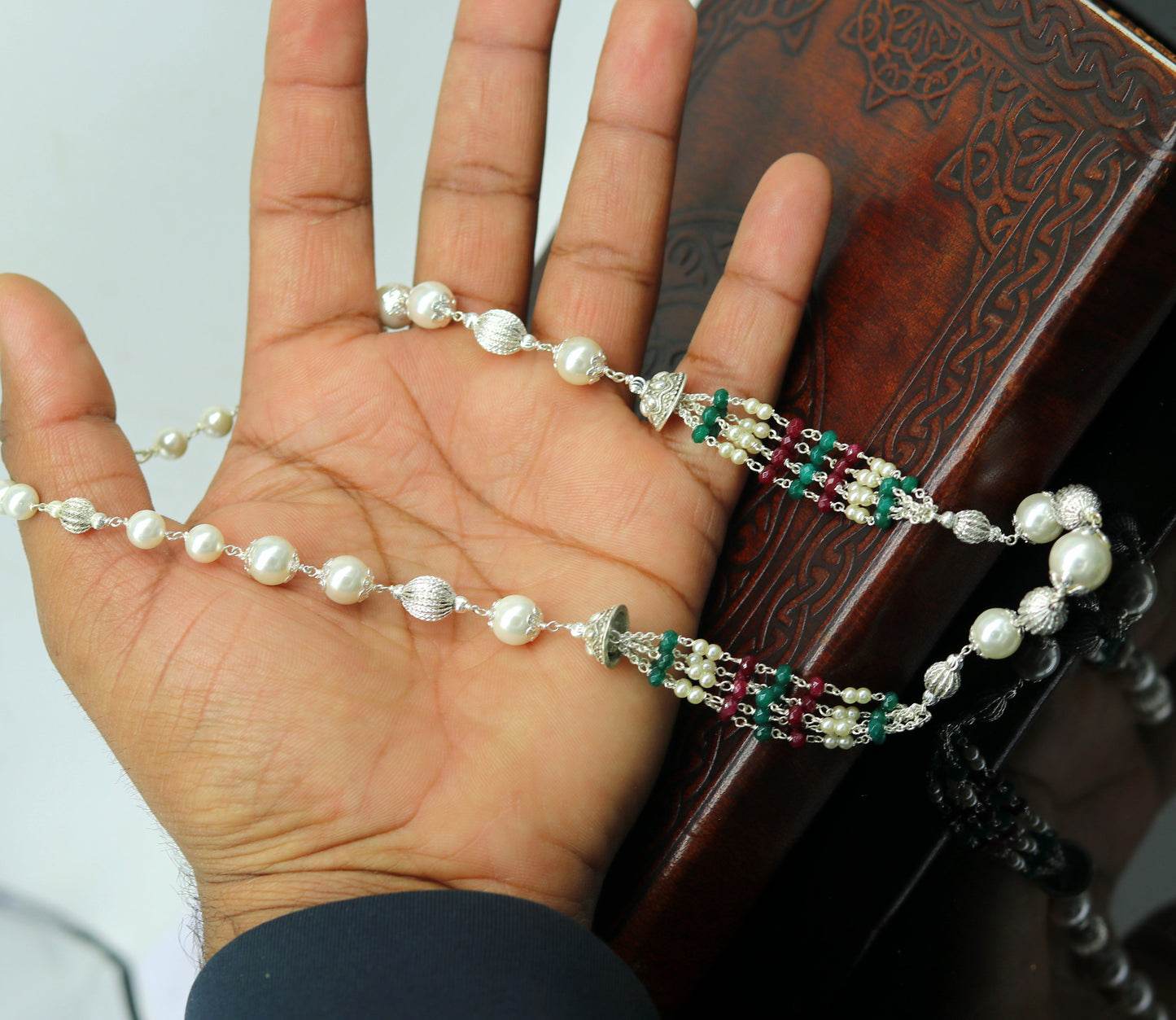 925 Sterling silver pearl beaded necklace with light weight charm, handcrafted beaded jewelry set by TRIBAL ORNAMENTS.