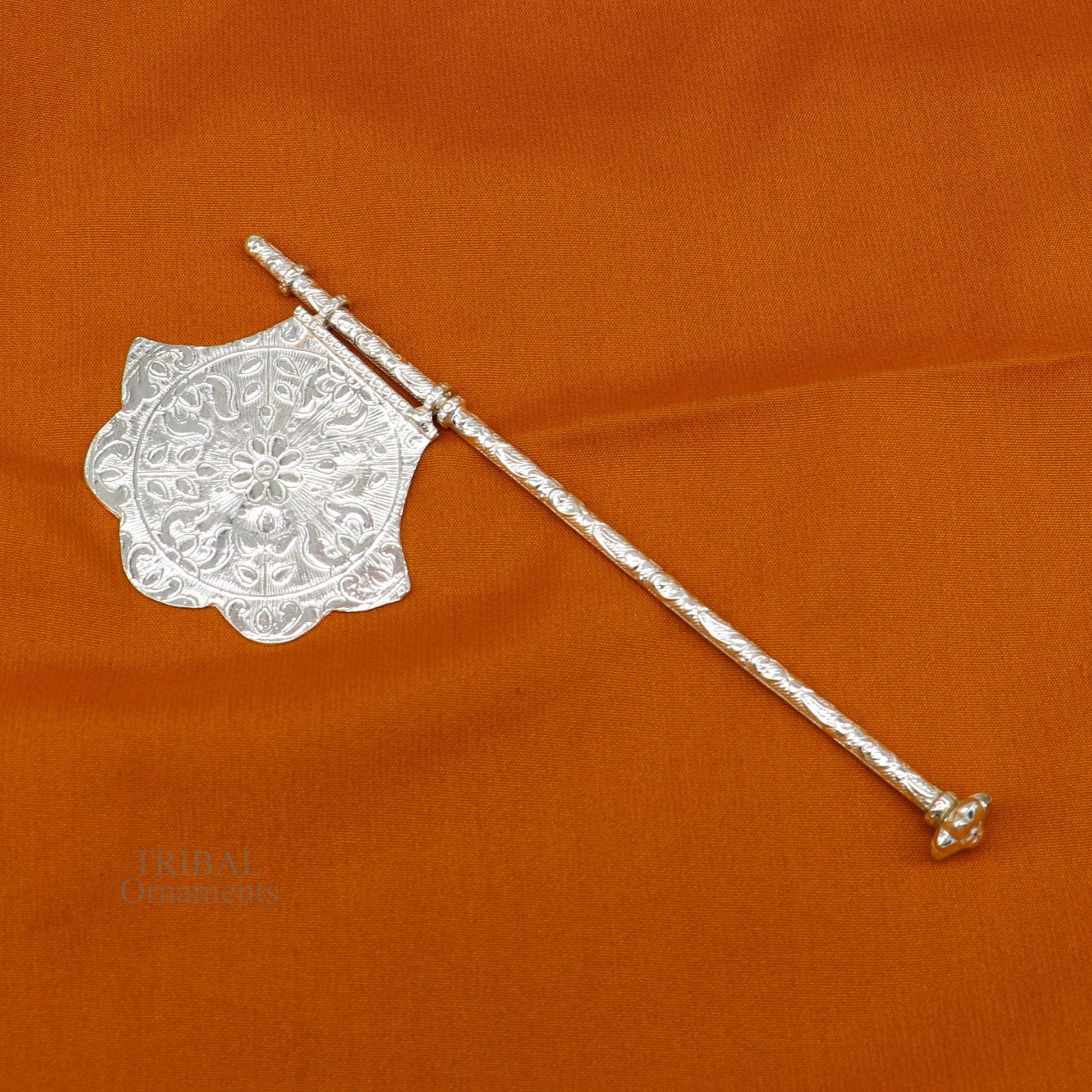 925 sterling silver pankhi, small fan or pankhi for god puja, best gifting to laddu gopala krishna, silver hand fan puja article su687 - TRIBAL ORNAMENTS