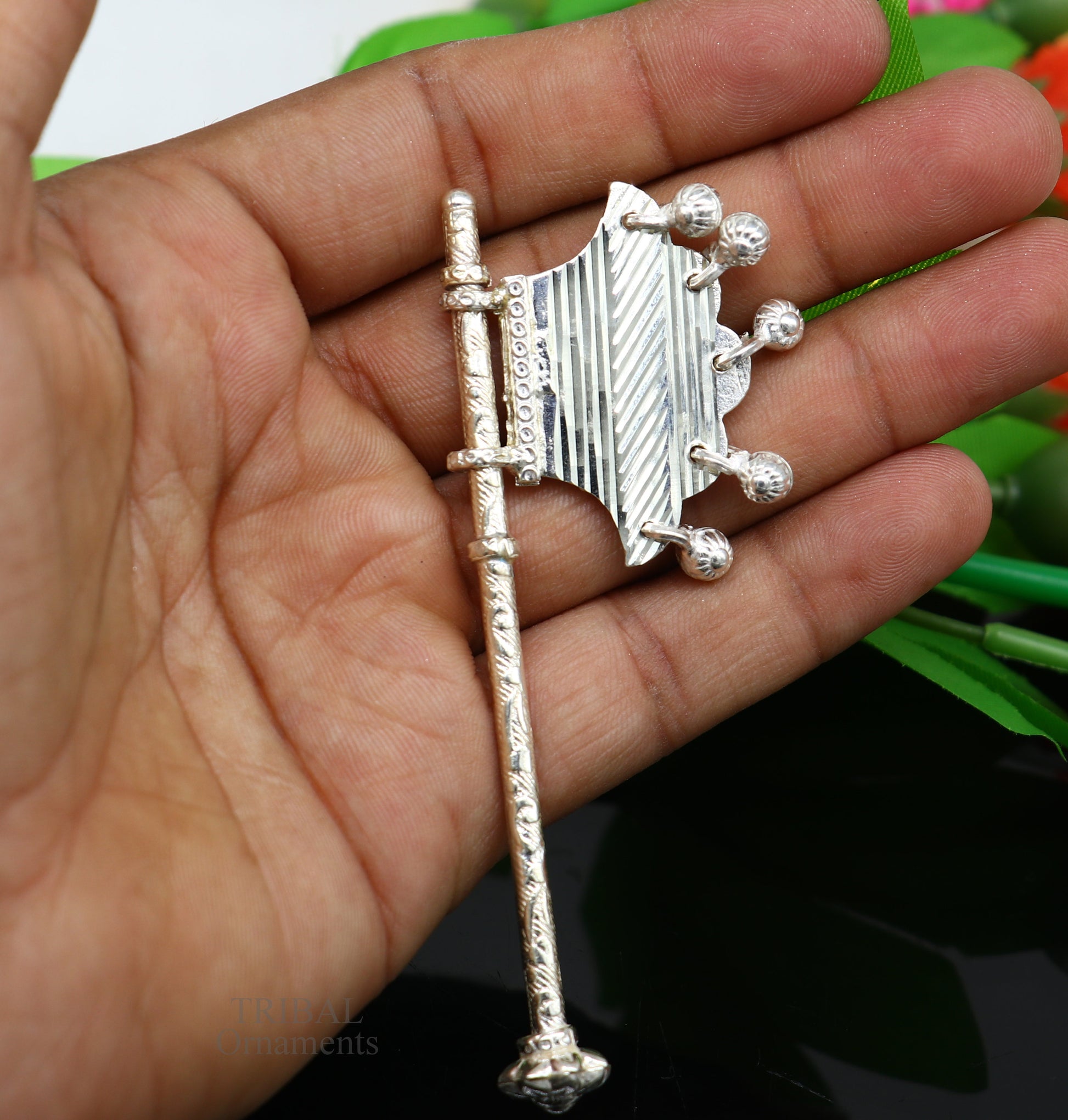 925 sterling silver pankhi, small fan or pankhi for god puja, best gifting to laddu gopala krishna, silver hand fan puja article su689 - TRIBAL ORNAMENTS