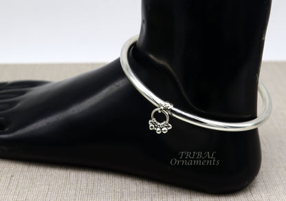 Sterling silver foot bracelet with shiny, custom design, ankle kada with hanging drops, perfect for belly dance accessories.