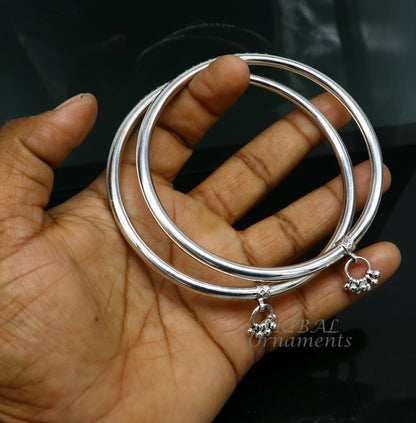 Sterling silver foot bracelet with shiny design, hanging drops, custom ankle kada for belly dance, by TRIBAL ORNAMENTS.