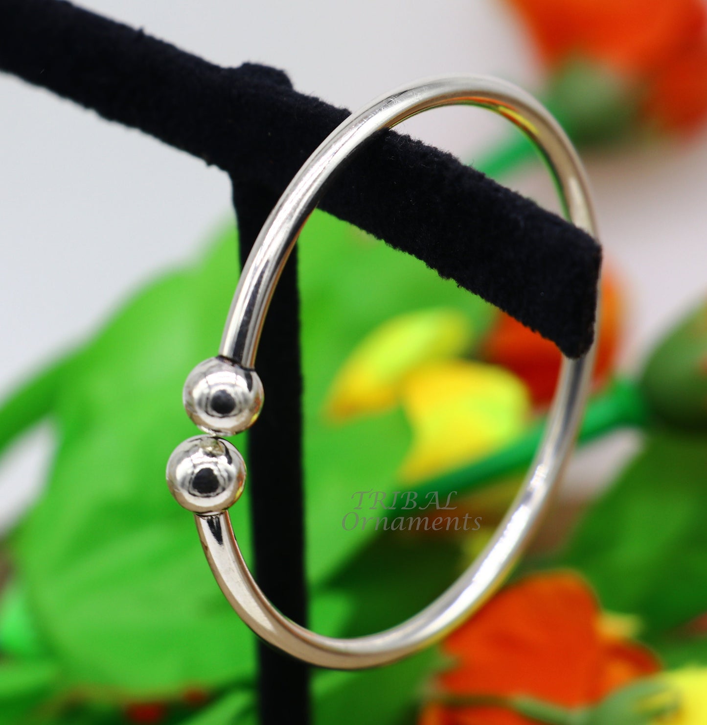 Sterling silver round bangle bracelet with shiny, customized design, stylish belly dance jewelry by TRIBAL ORNAMENTS.