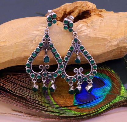 Sterling silver drop dangle earring with green onyx stone, vintage style handmade jewelry for girls' party wear.