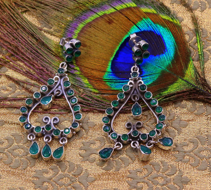 Sterling silver green onyx drop dangle stud earring with vintage style, handmade jewelry for girls' parties, Tribal Ornaments.