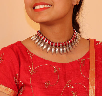 Sterling silver handmade charm necklace and choker by Tribal Ornaments, adjustable tribal jewelry set for dance, wedding, or party.