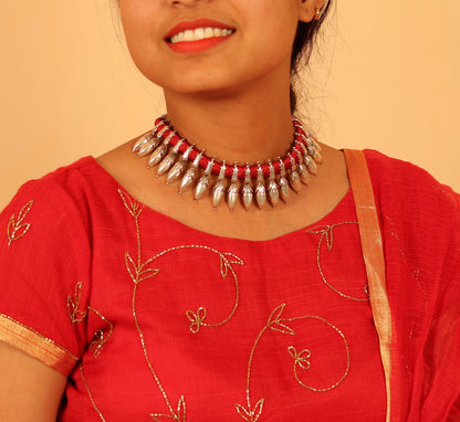 Handmade 925 sterling silver charm necklace and choker with tribal design, adjustable for belly dance, wedding, or party jewelry.