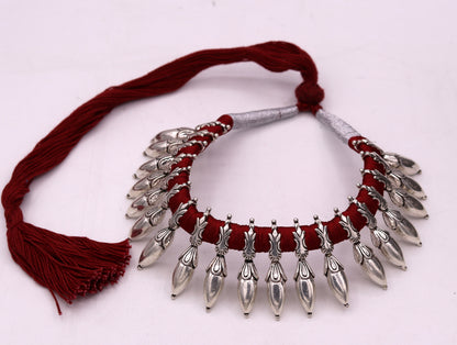 Sterling silver handmade charm necklace and choker with tribal design, adjustable for belly dance, wedding, or party jewelry.