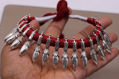 Sterling silver handmade charm necklace with tribal design, adjustable choker for belly dance, wedding, or party jewelry.