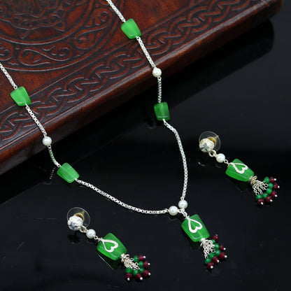 925 Sterling silver rectangular semi precious green stone short charm necklace, best gift for her, bridal set light weight belly dance nec76 - TRIBAL ORNAMENTS