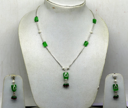 925 Sterling silver rectangular semi precious green stone short charm necklace, best gift for her, bridal set light weight belly dance nec76 - TRIBAL ORNAMENTS