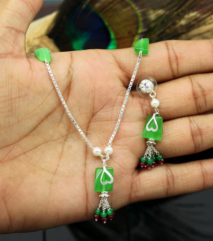 925 Sterling silver rectangular semi precious green stone short charm necklace, best gift for her, bridal set light weight belly dance nec76 - TRIBAL ORNAMENTS