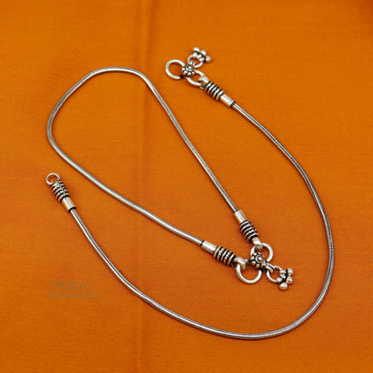 Sterling silver round snake chain ankle bracelet, customizable trendy belly dance jewelry, stylish tribal ornaments anklet.