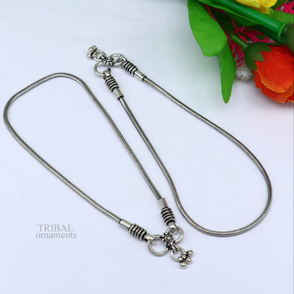 Sterling silver round snake chain ankle bracelet by TRIBAL ORNAMENTS, stylish belly dance jewelry with customizable trendy design.