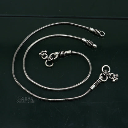 Sterling silver round snake chain ankle bracelet from TRIBAL ORNAMENTS, stylish belly dance jewelry with customized trendy design.
