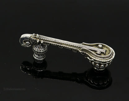 925 sterling silver Saraswati Veena, traditional musical instrument for Goddess Sharda, detailed silver puja article for Hindu temples