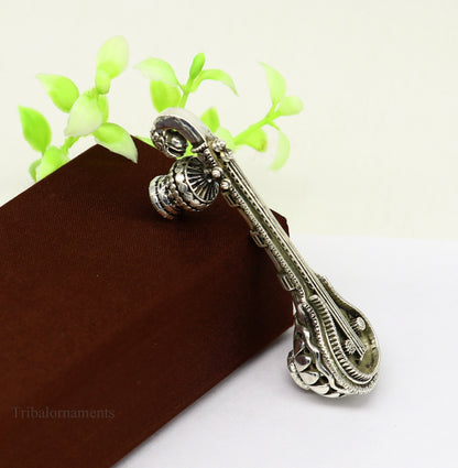 925 sterling silver Saraswati Veena, traditional Indian musical instrument for Goddess Sharda, detailed silver puja and temple art piece