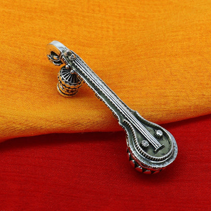 925 sterling silver Saraswati Veena, a detailed musical instrument for Goddess Sharda, ideal for puja and Hindu temple decor.