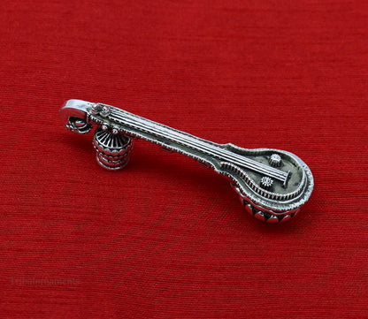925 sterling silver Saraswati Veena, traditional Indian musical instrument for goddess worship and temple decor, by TRIBAL ORNAMENTS.