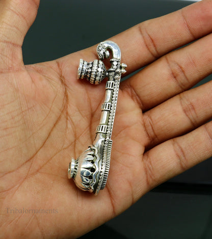 925 sterling silver Saraswati Veena, traditional Hindu musical instrument for Goddess Sharda, ideal for puja and temple decor.