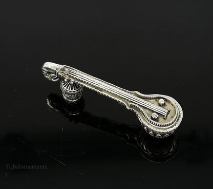 925 sterling silver Saraswati Veena musical instrument for Goddess Sharda, decorative Hindu temple art and puja gifting.