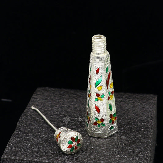 925 sterling silver sindur box by Tribal Ornaments, bridal enamel container for sindur, eyeliner, or jewelry storage.