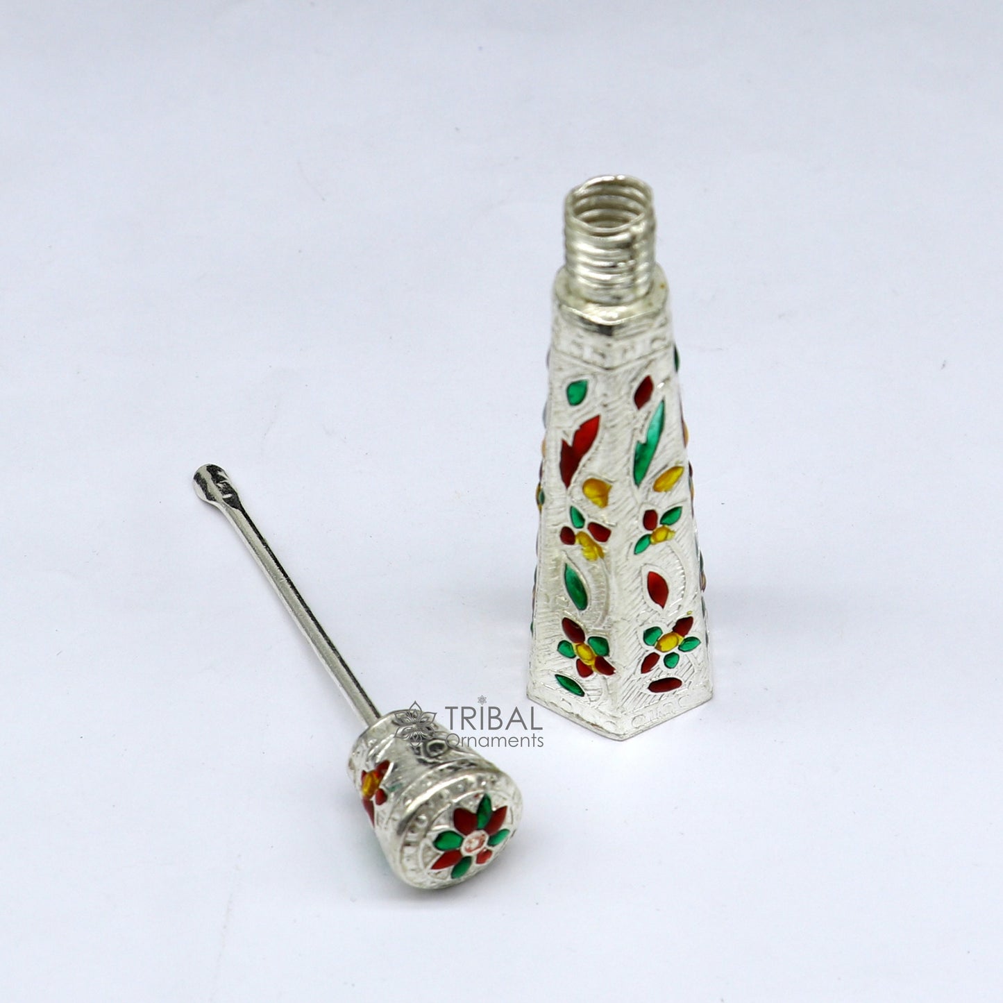 925 sterling silver sindur box from Tribal Ornaments, bridal enamel container for sindur, eyeliner, or jewelry storage.