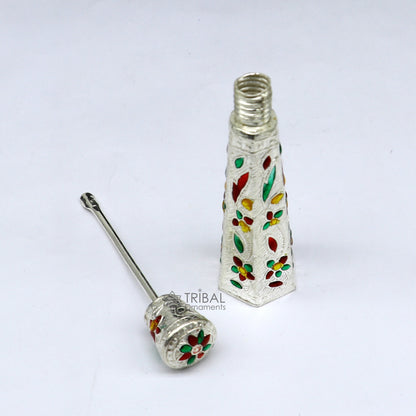 925 sterling silver sindur box from Tribal Ornaments, bridal enamel container for sindur, eyeliner, or jewelry storage.