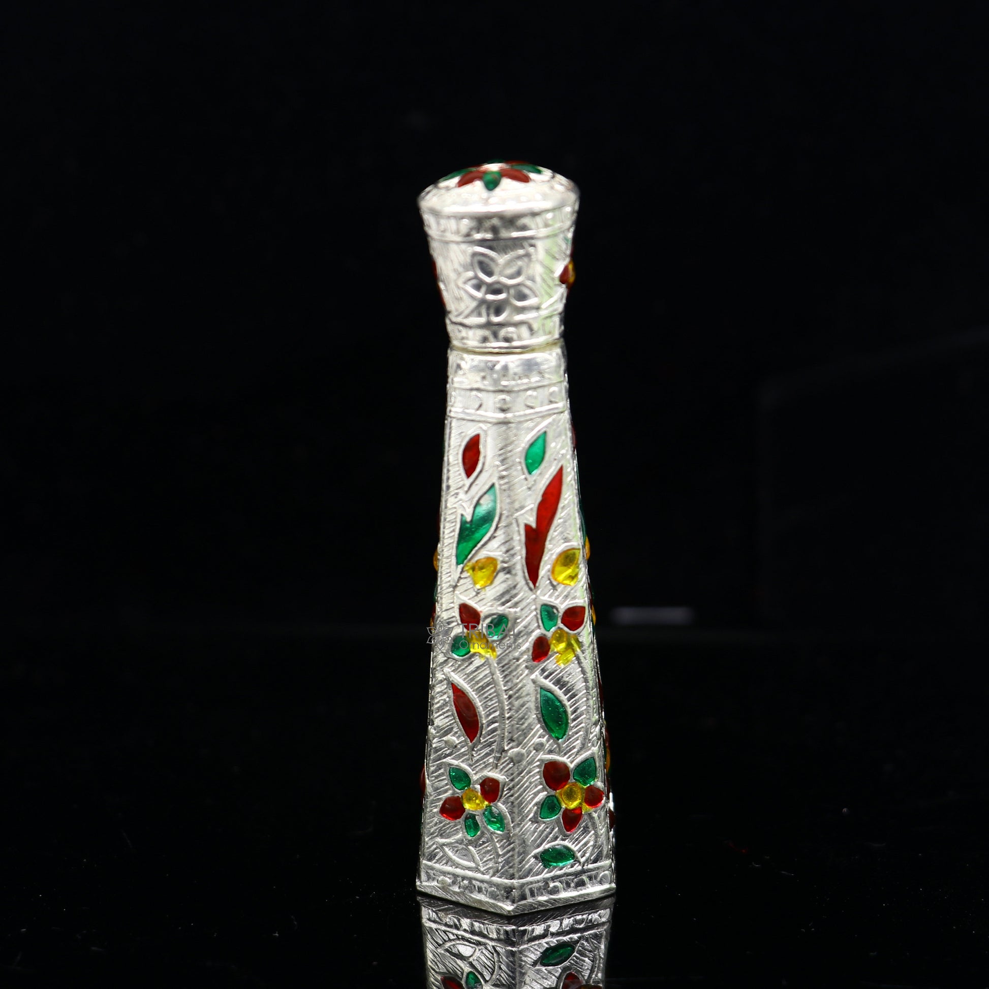 925 sterling silver sindur box by Tribal Ornaments, bridal enamel casket container for sindur and eyeliner storage.