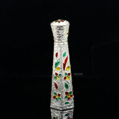 925 sterling silver sindur box by Tribal Ornaments, bridal enamel casket container for sindur and eyeliner storage.