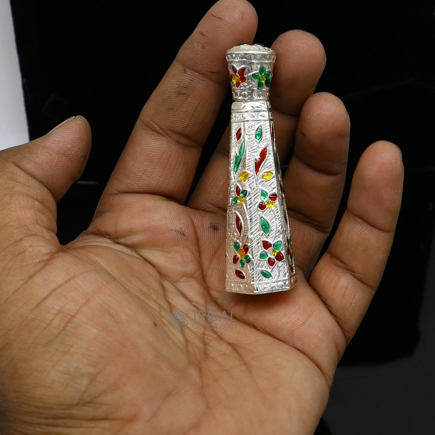 925 sterling silver sindur box from Tribal Ornaments, bridal enamel casket container for sindur or eyeliner, elegant gift box.