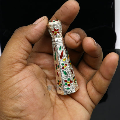 925 sterling silver sindur box with enamel design, bridal brides box and casket container from Tribal Ornaments collection.