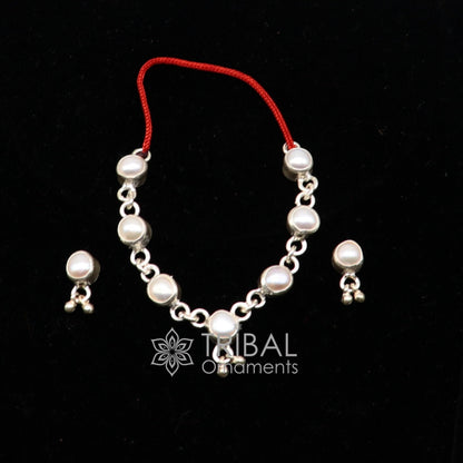 Sterling silver single line pearl chain necklace set for Lord Krishna Laddu Gopala, handmade Little Krishna jewelry by TRIBAL ORNAMENTS