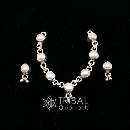 Sterling silver single line pearl necklace set for Lord Krishna Laddu Gopala, handmade Little Krishna jewelry by TRIBAL ORNAMENTS