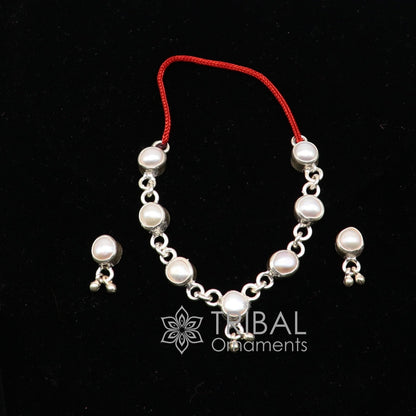 925 sterling silver single-line pearl chain necklace set for Lord Krishna Laddu Gopala, handmade Little Krishna jewelry set.