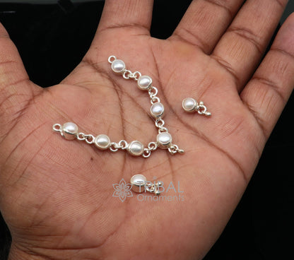 Sterling silver single-line pearl necklace set for Lord Krishna Laddu Gopala, handmade Little Krishna jewelry by TRIBAL ORNAMENTS