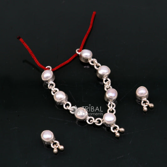 925 sterling silver single line pearl chain necklace set for Lord Krishna Laddu Gopala, handmade silver jewelry for little Krishna.