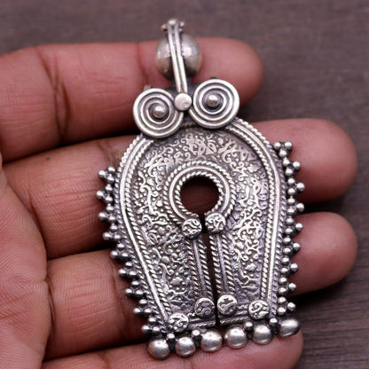 925 sterling silver tribal pendant with antique chitai work, intricate design, and traditional tribal jewelry craftsmanship