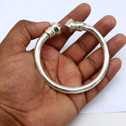 Sterling silver open face adjustable men's kada bracelet with traditional Indian cultural design, crafted by TRIBAL ORNAMENTS.