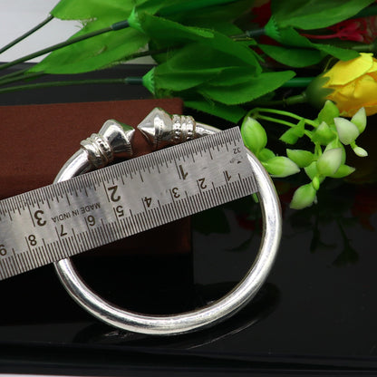 Sterling silver open face heavy kada bracelet for men with traditional Indian design, adjustable tribal ornament jewelry