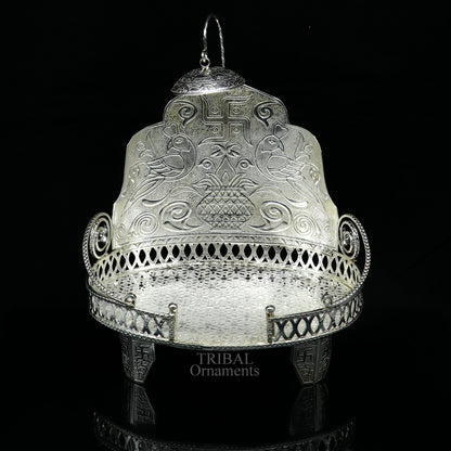 925 sterling silver solid Sinhasan throne for idol god, detailed temple puja stand chair, collectible gift by Tribal Ornaments