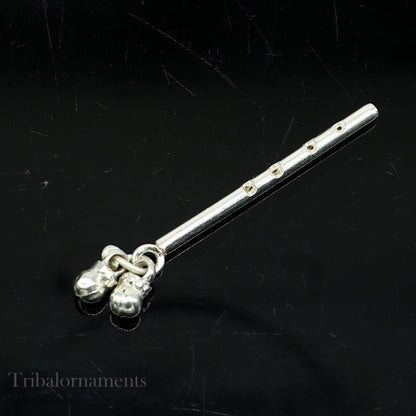 Elegant holy Solid sterling silver handmade idol krishna flute, silver bansuri, laddu gopala flute, little krishna flute puja art su575 - TRIBAL ORNAMENTS