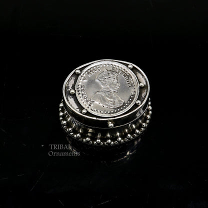 925 sterling silver George V king emperor coin design trinket and makeup box, detailed tribal ornament craftsmanship.