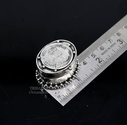 925 silver trinket box with George V king emperor coin design, perfect for jewelry, kajal eyeliner, or Sindur storage by Tribal Ornaments.