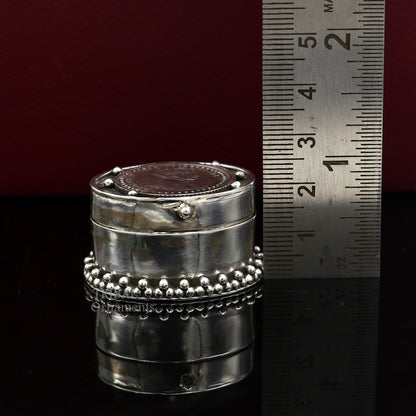 925 sterling silver trinket box with George V king emperor coin design, used for jewelry, kajal, sindur, or brides gift.